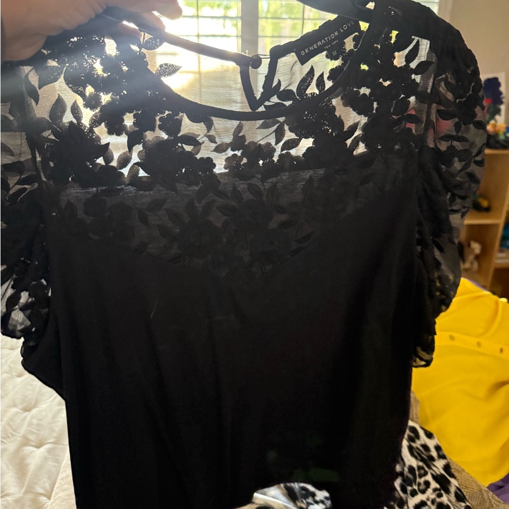 Generation Love Black Sheer Floral Lace Yoke Top